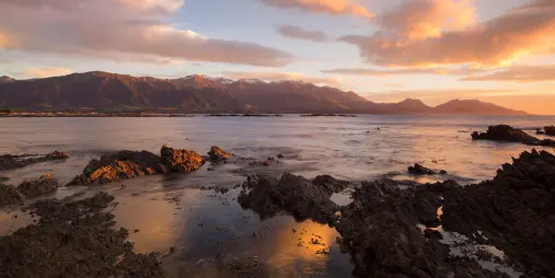 Sunrise reflections on tidal pools along Kaikōura’s rocky shore