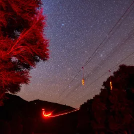 Stargazers ziplining through Kaikōura Dark Sky Sanctuary under a star-filled night sky.