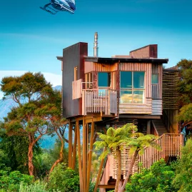 Kaikōura Helicopter flying above Hapuku Lodge’s treehouse accommodation surrounded by native forest