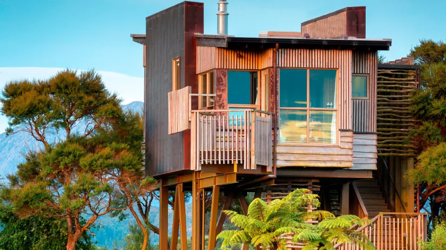 Kaikōura Helicopter flying above Hapuku Lodge’s treehouse accommodation surrounded by native forest