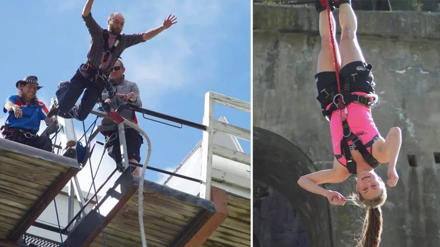 Split image of solo man jumping and woman dangling upside down during a bungy jump