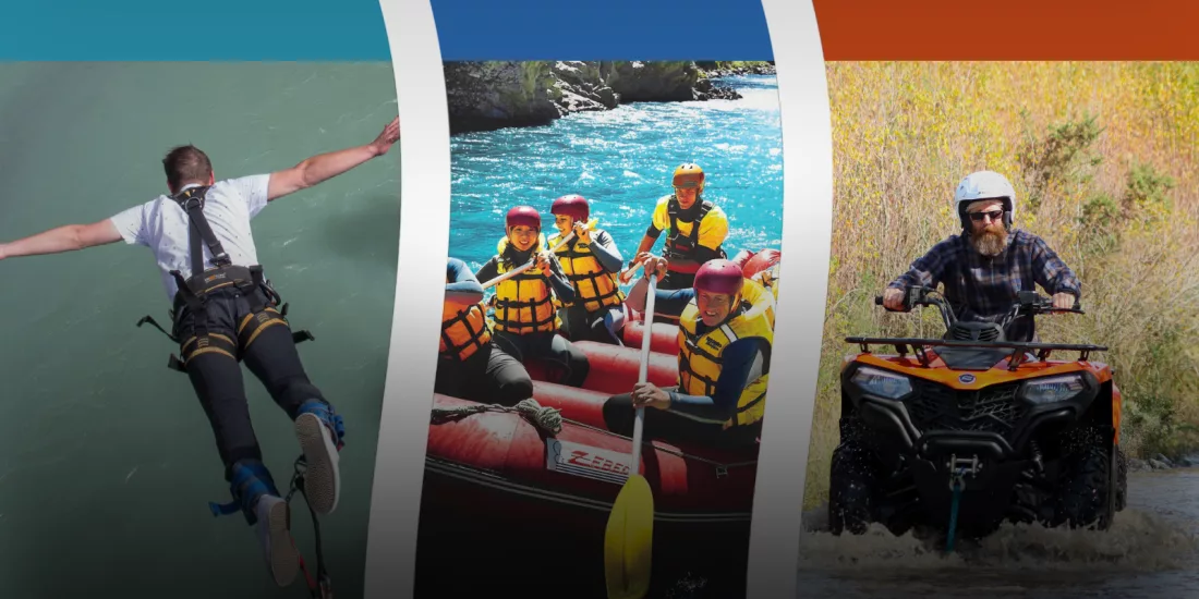 Bungy jumper, white-water rafters, and quad biker featured in the Triple Thriller Combo at Hanmer Springs Attractions
