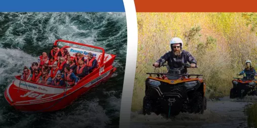 Jet boat carving river rapids and quad biker on muddy track surrounded by trees - double dare combo