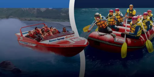 Rafting crew paddling and red jet boat double dare combo making waves on the Waiau River