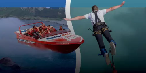 Double Dare Combo - Hanmer Springs jet boat on river paired with a bungy jumper over turquoise water
