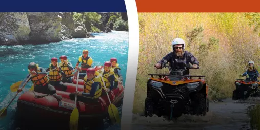 Family rafting group paddling and quad biker powering through water trail – Double Dare combo