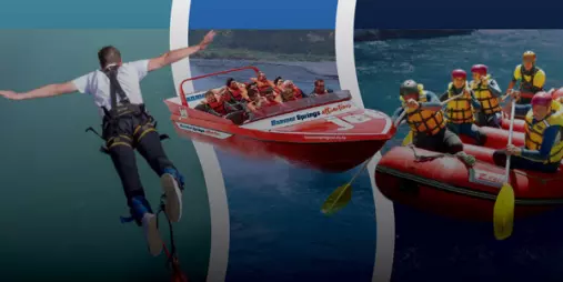 Bungy jumper mid-air, red jet boat on river, and rafters paddling in turquoise water – Hanmer Springs combo