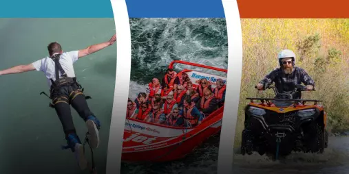 Jet boat riders, quad biker, and bungy jumper captured in the Triple Thriller experience at Hanmer Springs Attractions