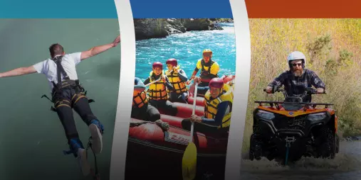 Bungy jumper, white-water rafters, and quad biker featured in the Triple Thriller Combo at Hanmer Springs Attractions
