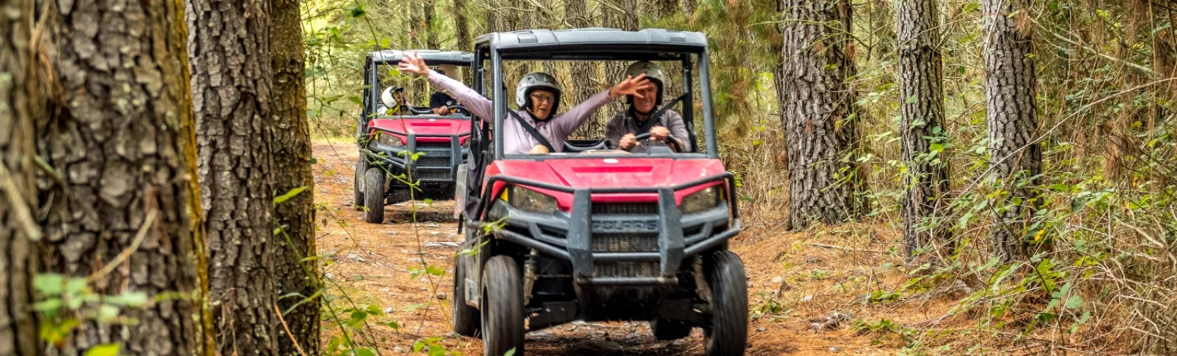 Two off-road buggies driving through a pine forest trail in Hanmer Springs, with passengers waving and enjoying the ride