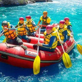Smiling family rafting together on crystal-clear water at Hanmer Springs Attractions, New Zealand