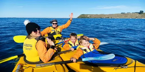 Mum and kids waving from yellow kayaks on calm blue water during a Kaikōura tour