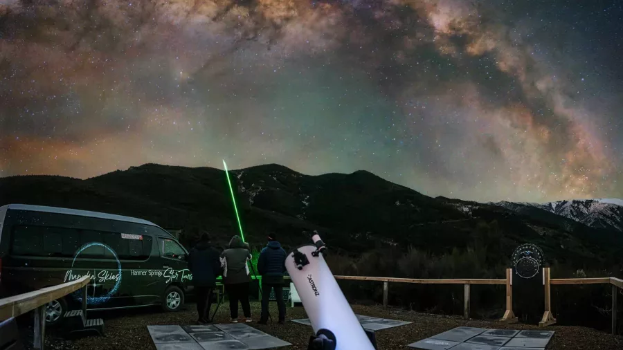 Laser pointer highlighting Milky Way during Manuka Skies night sky tour at Hanmer Springs