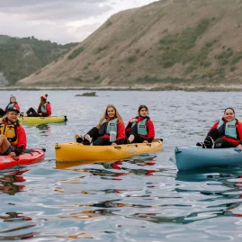 Smiling kayak group paddling near the coastline on a guided tour in Kaikōura