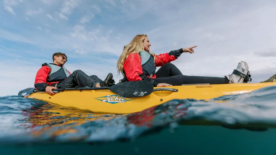 Couple kayaking in Kaikōura, pointing out towards wildlife in the distance