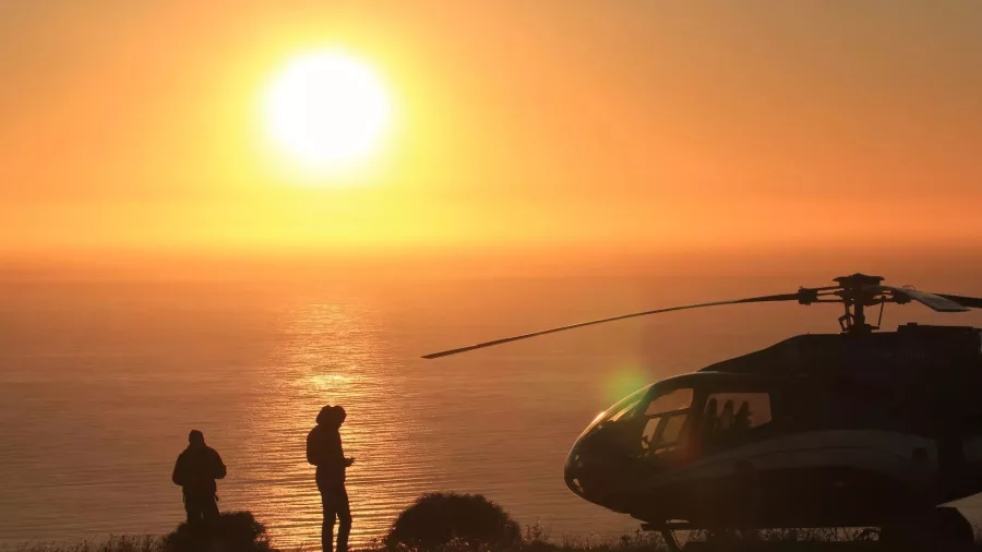 Helicopter silhouette against ocean sunset during Kaikōura Ocean Safari