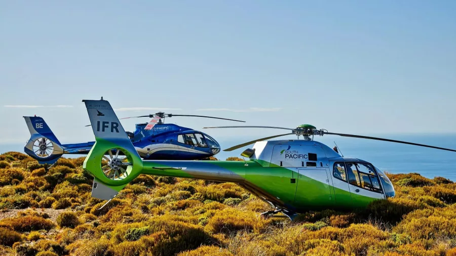Green and blue helicopters landed on an alpine ridge during Kaikōura Premier Whale Watch Flight