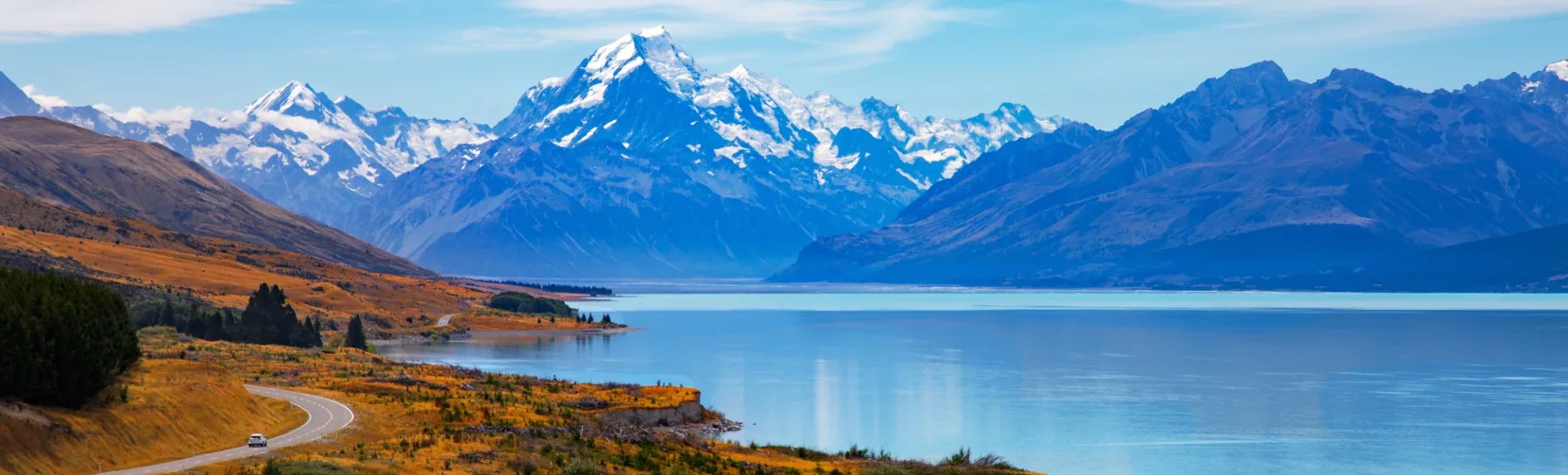 Scenic drive along Lake Pukaki towards Aoraki/Mount Cook
