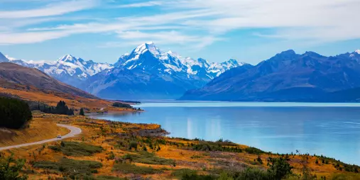 Scenic drive along Lake Pukaki towards Aoraki/Mount Cook