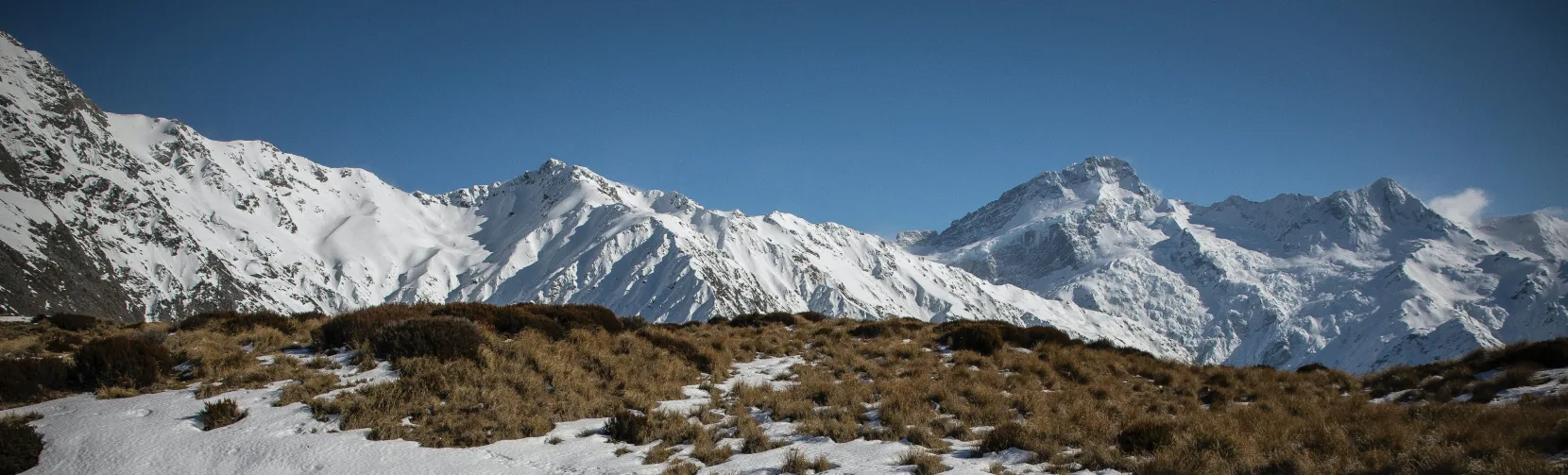 Snow-capped peaks of Aoraki Mount Cook reflected in the Red Tarns with tussock and alpine landscape, New Zealand
