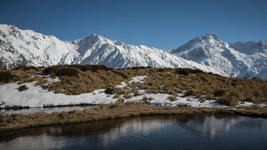 Snow-capped peaks of Aoraki Mount Cook reflected in the Red Tarns with tussock and alpine landscape, New Zealand