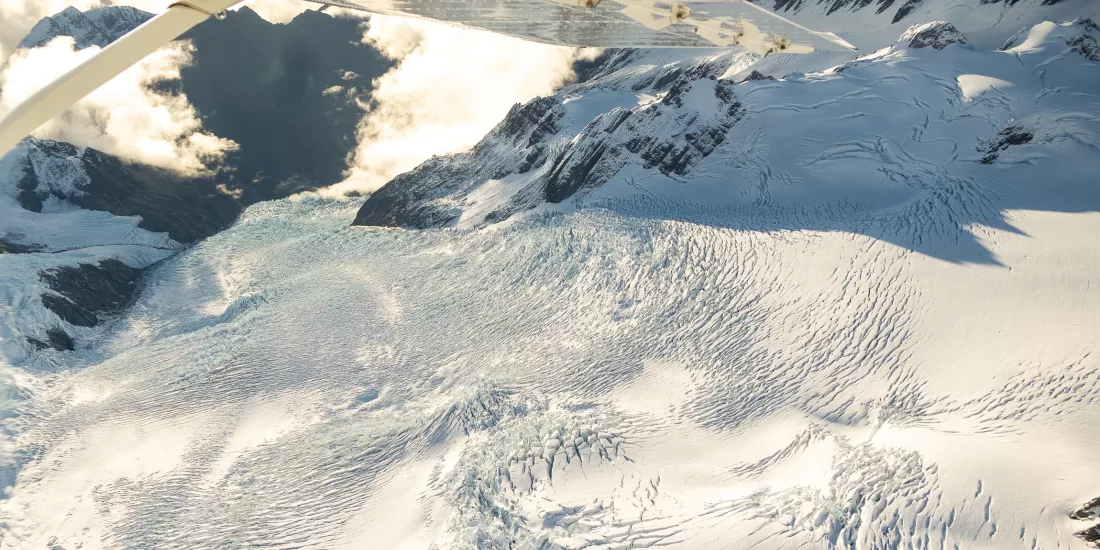 Upper section of Franz Josef Glacier seen from a scenic plane flight over the Southern Alps