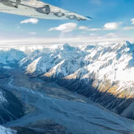 Aerial view of the Godley Valley with braided rivers and alpine lakes near Mt Cook