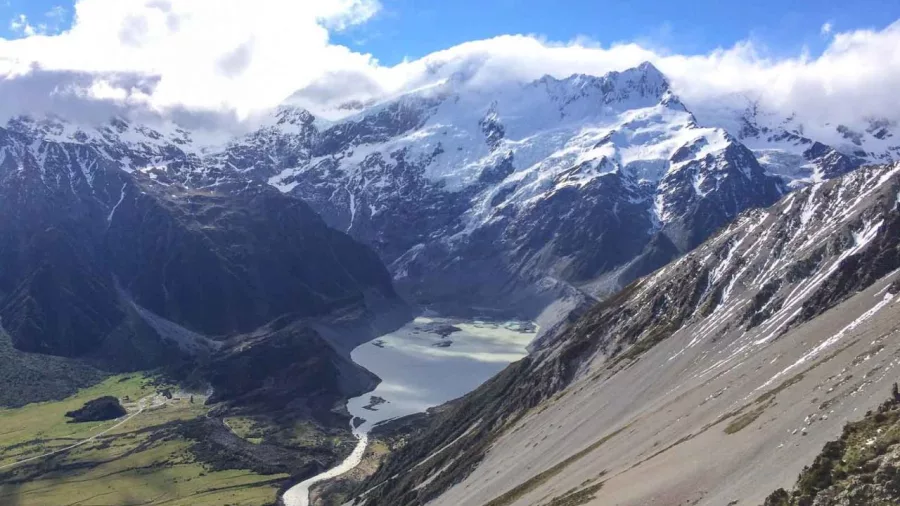 Aoraki/Mount Cook towering over the Hooker Valley viewed from Mount Wakefield.
