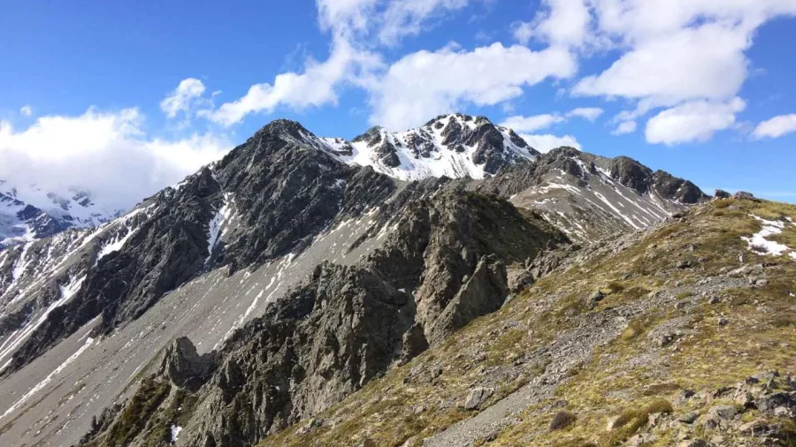 Rocky ridgeline trail on the Mount Wakefield Day Hike near Aoraki/Mount Cook.
