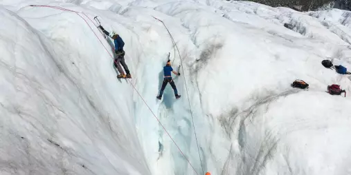 Climbers scaling an icy crevasse wall with ropes and axes on Tasman Glacier.