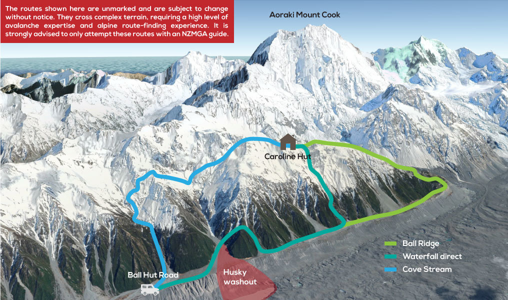 Map showing trekking routes to Caroline Hut, including Ball Ridge and Kaitiaki Peak near Aoraki Mt Cook.