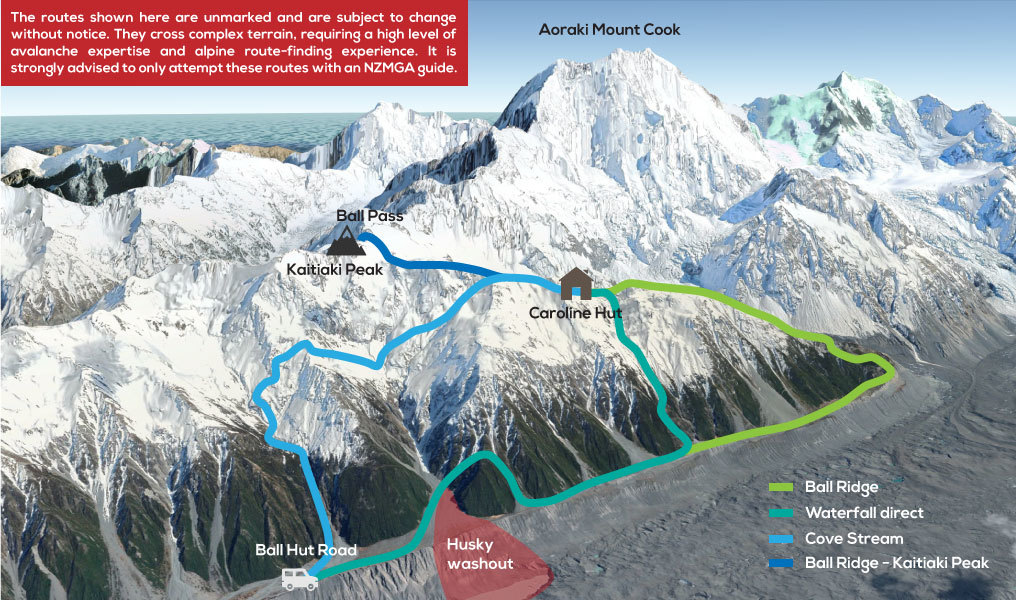 Route map of the Ball Pass Crossing showing Caroline Hut, Ball Ridge, Kaitiaki Peak, and Ball Pass near Aoraki Mount Cook.