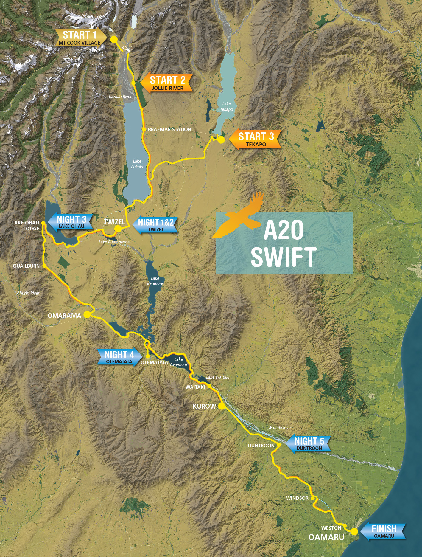 Map of the Alps 2 Ocean A20 Swift Cycle Trail showing a fast-paced route from Aoraki/Mount Cook to Oamaru