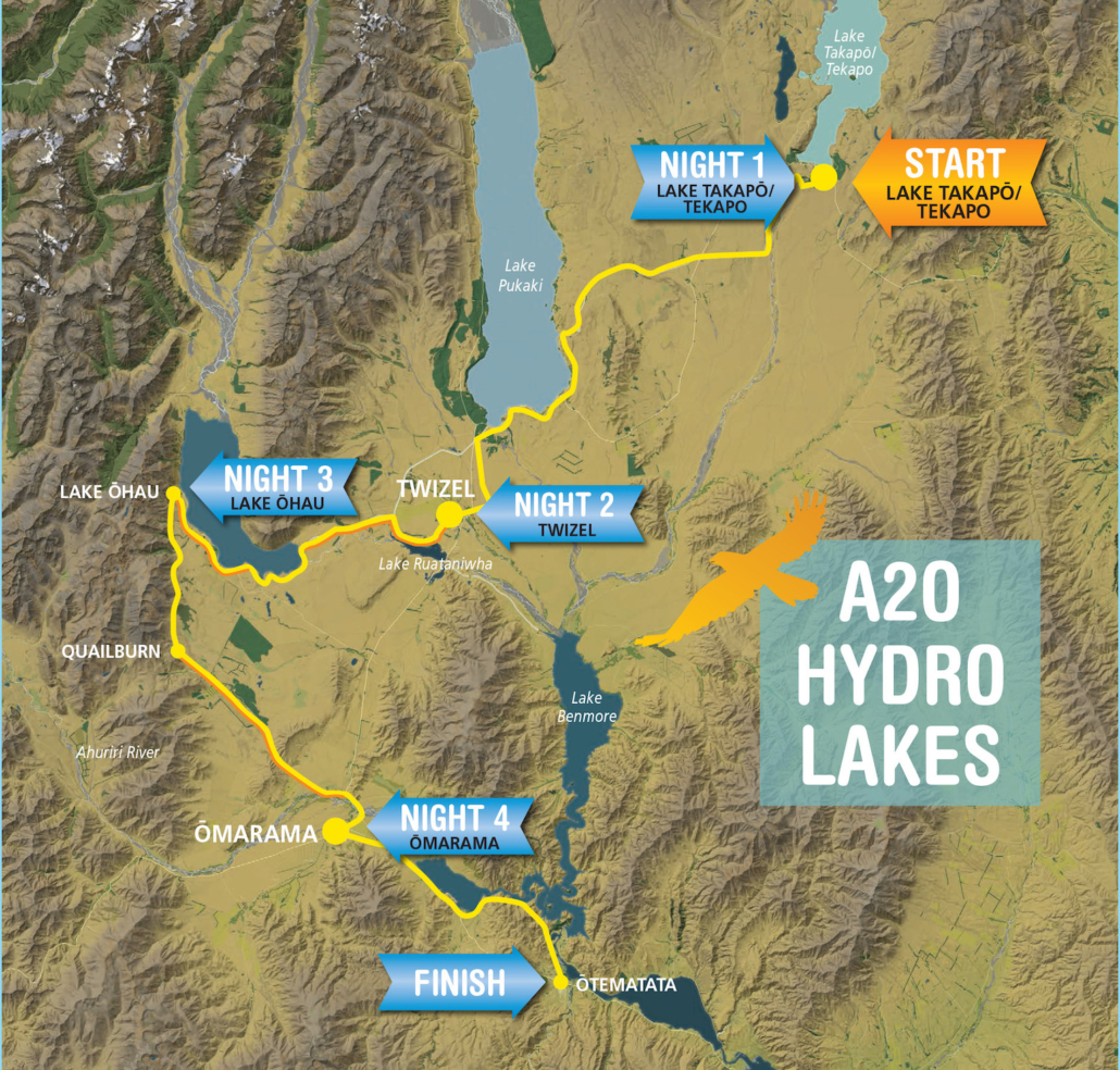 Map of the Alps 2 Ocean Cycle Trail showing the Hydro Lakes package route in New Zealand, including Lake Tekapo, Twizel, Lake Ōhau and Ōmarama.