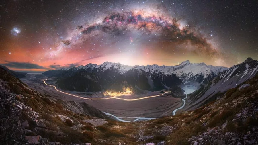 Milky Way arching over Aoraki Mount Cook and the Mackenzie Basin at night