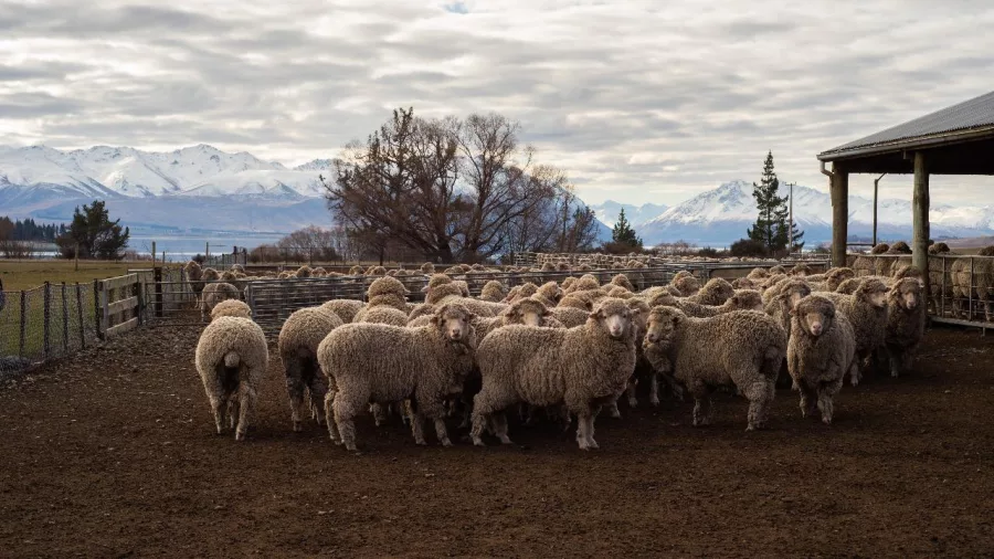 Flock of Merino sheep gathered in a yard with snow-capped Southern Alps in the background