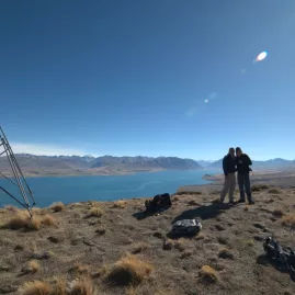 Two hikers posing for a photo near the trig station at the summit of Mount Hay with Lake Tekapo in the background