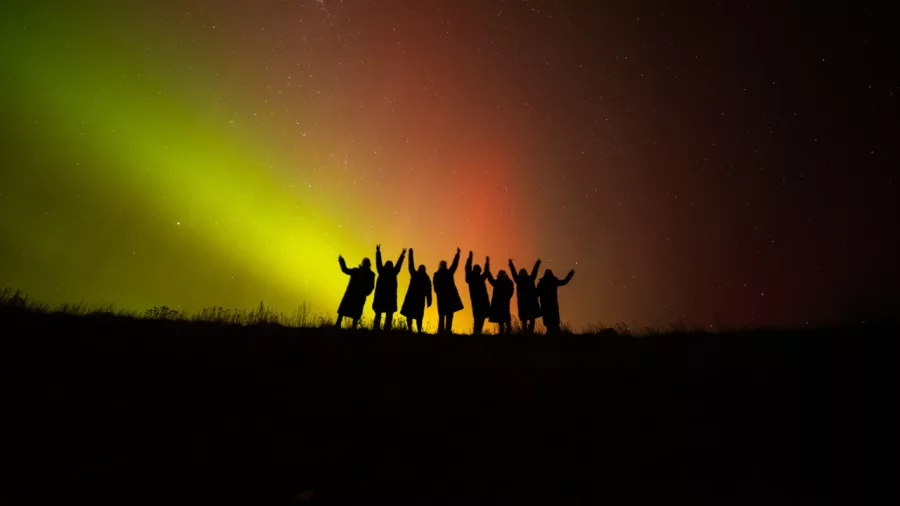 Silhouetted group celebrating under the Aurora Australis during a dark sky tour near Twizel