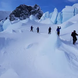 Snowshoers trekking through jagged seracs on the upper Tasman Glacier under a blue sky.