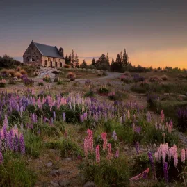 Lake Tekapo, Church of the Good Shepherd, sunset