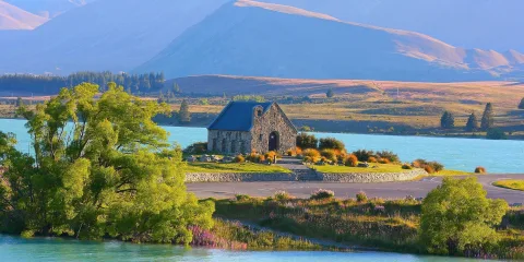 Church of the Good Shepherd overlooking Lake Tekapo, surrounded by purple lupins and mountain scenery