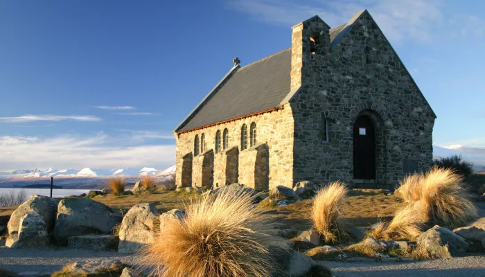 Close-up view of the Church of the Good Shepherd in Lake Tekapo