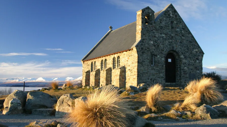 Close-up view of the Church of the Good Shepherd in Lake Tekapo