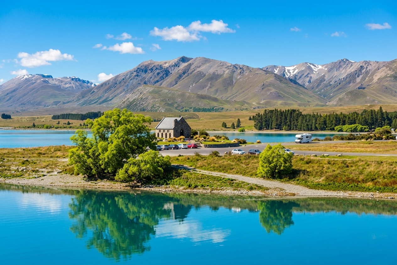 Church of the Good Shepherd beside Lake Tekapo on a clear summer day, a popular stop on New Zealand South Island self-drive itineraries.