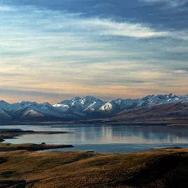 Panoramic aerial view of Lake Tekapo with the Southern Alps
