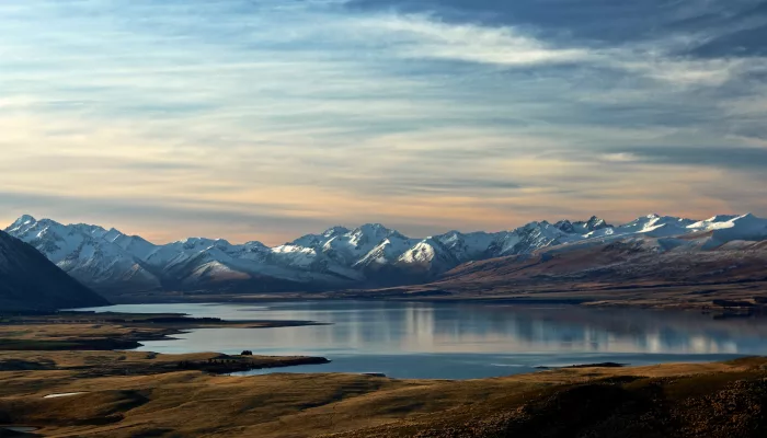 Panoramic aerial view of Lake Tekapo with the Southern Alps