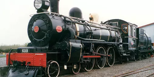 Preserved steam locomotive at Pleasant Point Railway near Timaru, New Zealand