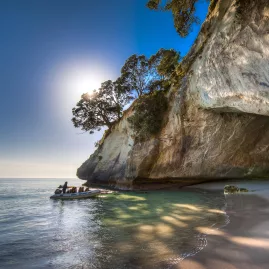 Tour boat arriving at Cathedral Cove beach beneath towering limestone cliffs and native forest on the Coromandel Peninsula, New Zealand