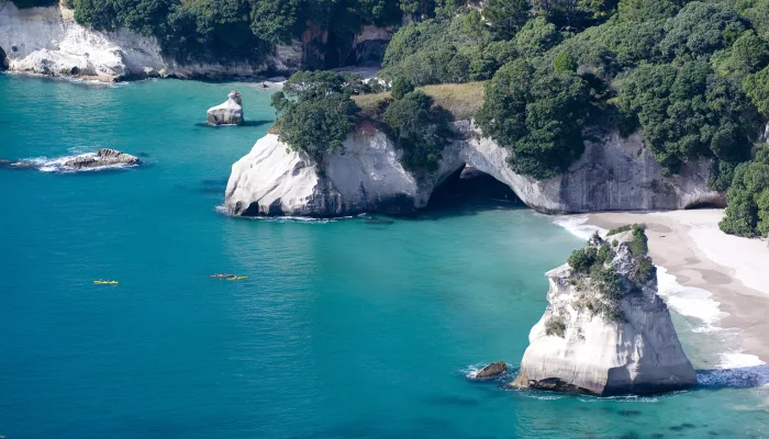 Aerial view of Cathedral Cove with kayakers paddling in turquoise waters near white limestone cliffs and sandy beach on the Coromandel Peninsula, New Zealand