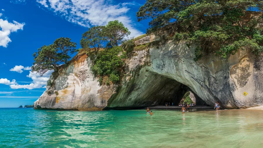 Swimmers enjoying turquoise waters at Cathedral Cove with the iconic rock arch and white limestone cliffs on the Coromandel Peninsula, New Zealand